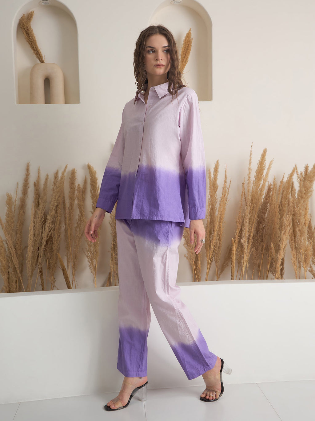 Purple Color Shirt Collar Pure Cotton Dyed Co-ords Set for Women - SanskrutiHomes 