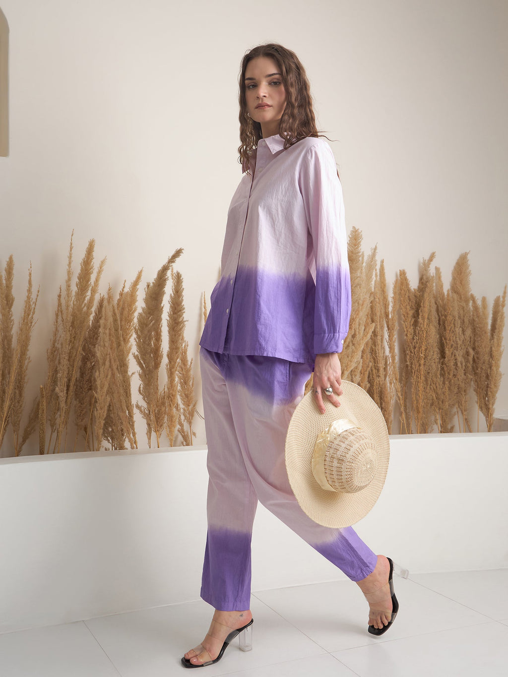 Purple Color Shirt Collar Pure Cotton Dyed Co-ords Set for Women - SanskrutiHomes 