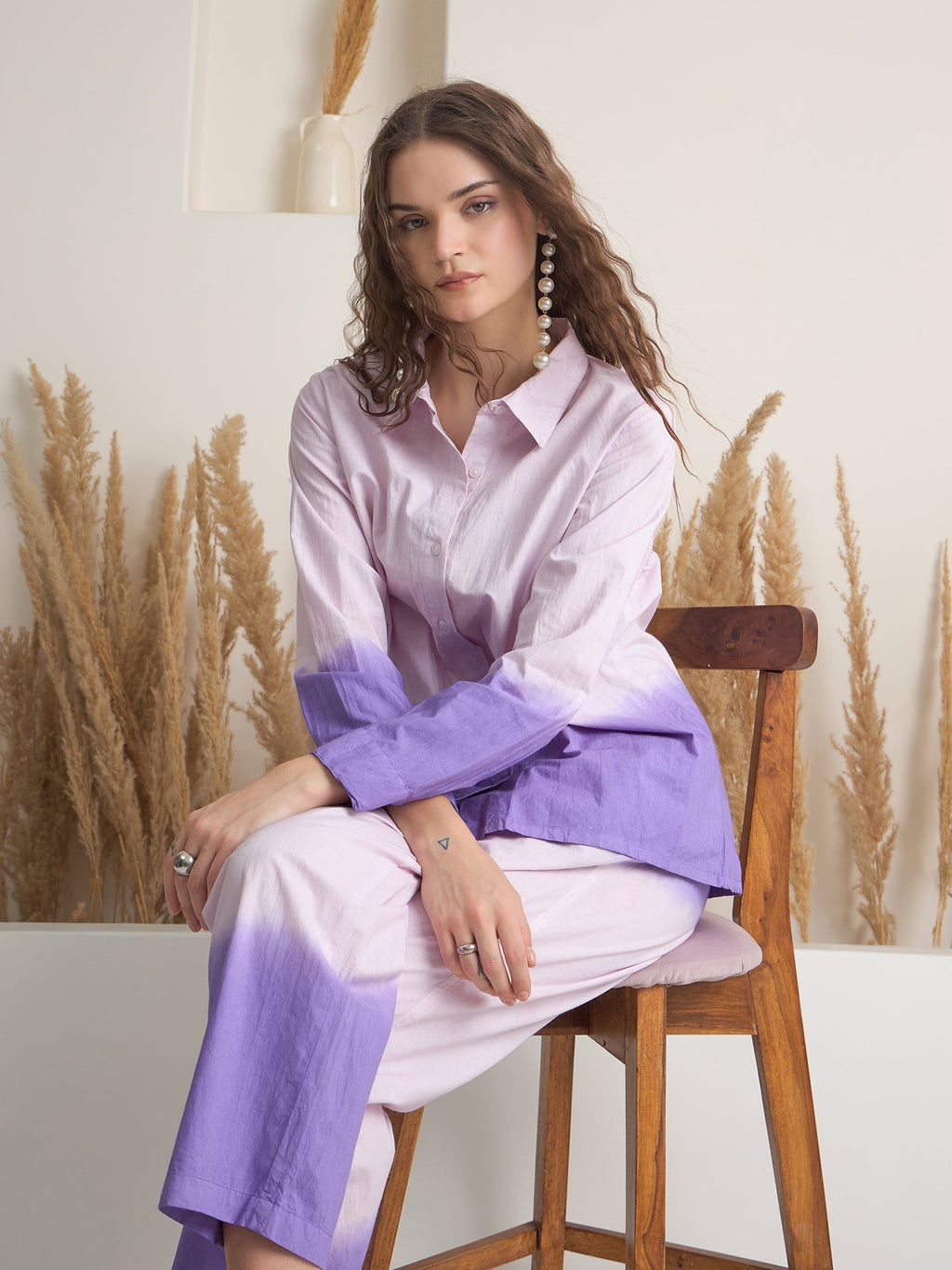 Purple Color Shirt Collar Pure Cotton Dyed Co-ords Set for Women - SanskrutiHomes 