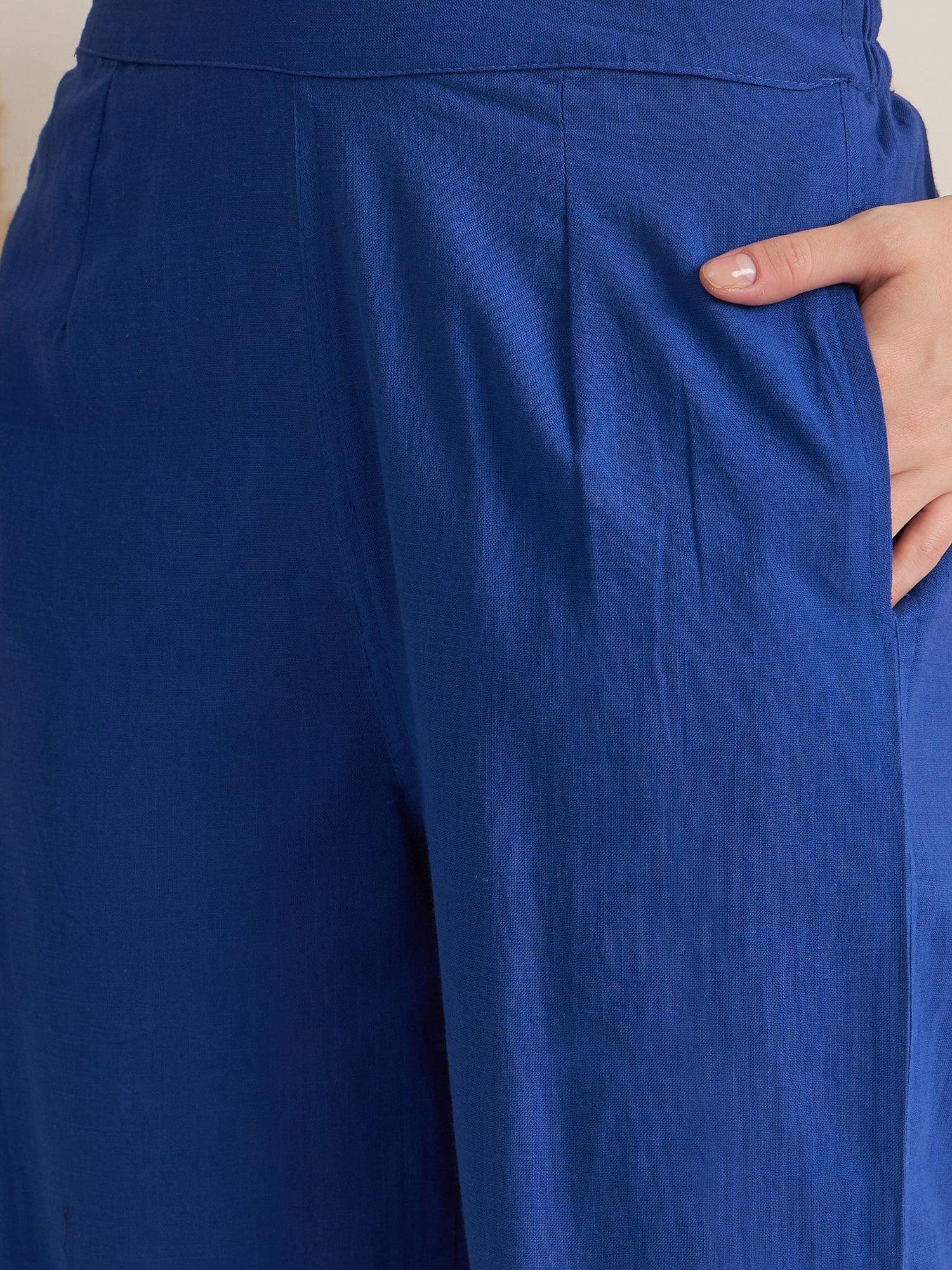 Blue Shirt Collar Pure Cotton Shirt Solid Co-ords Set for Women - SanskrutiHomes 