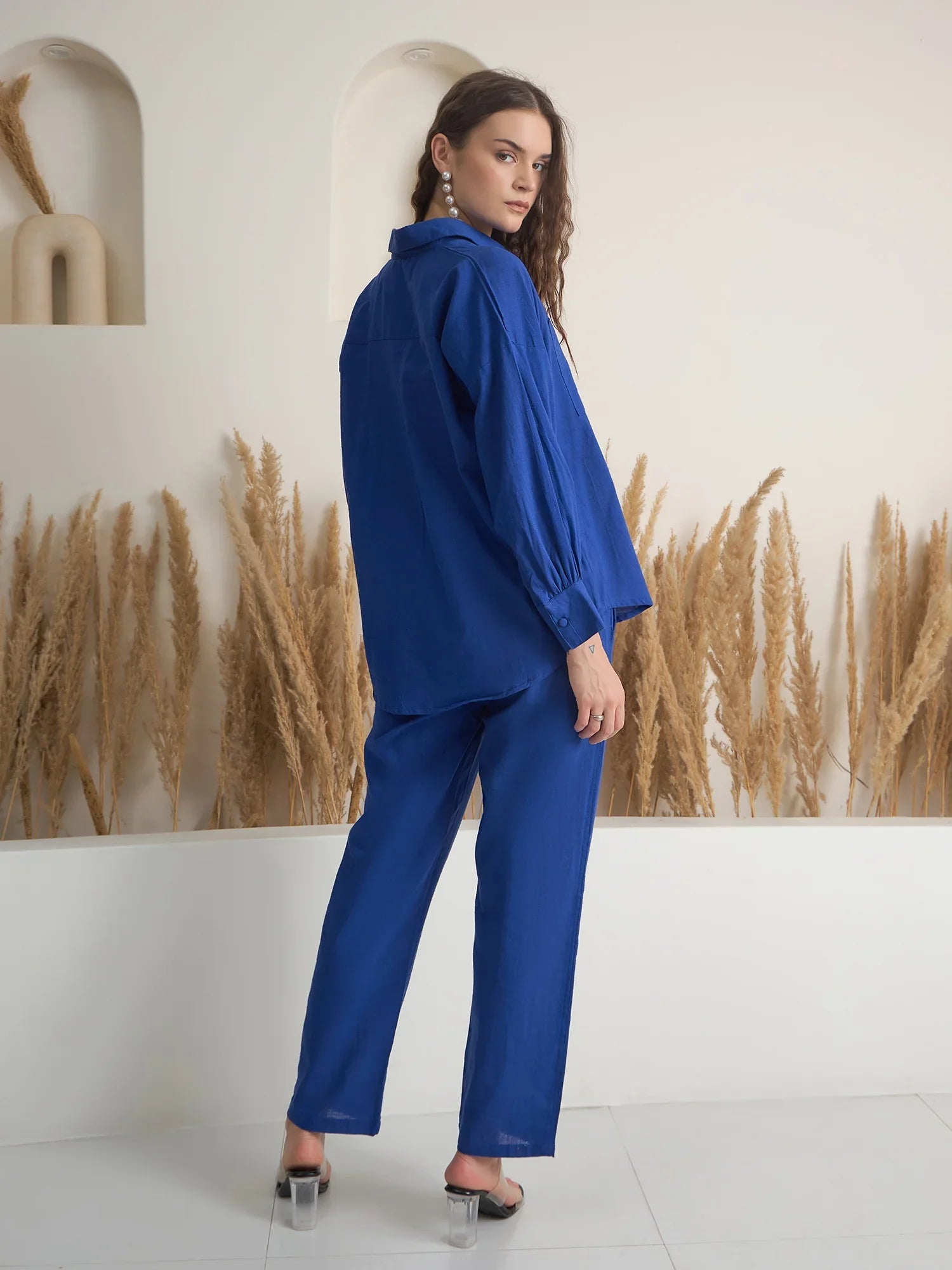 Blue Shirt Collar Pure Cotton Shirt Solid Co-ords Set for Women - SanskrutiHomes 