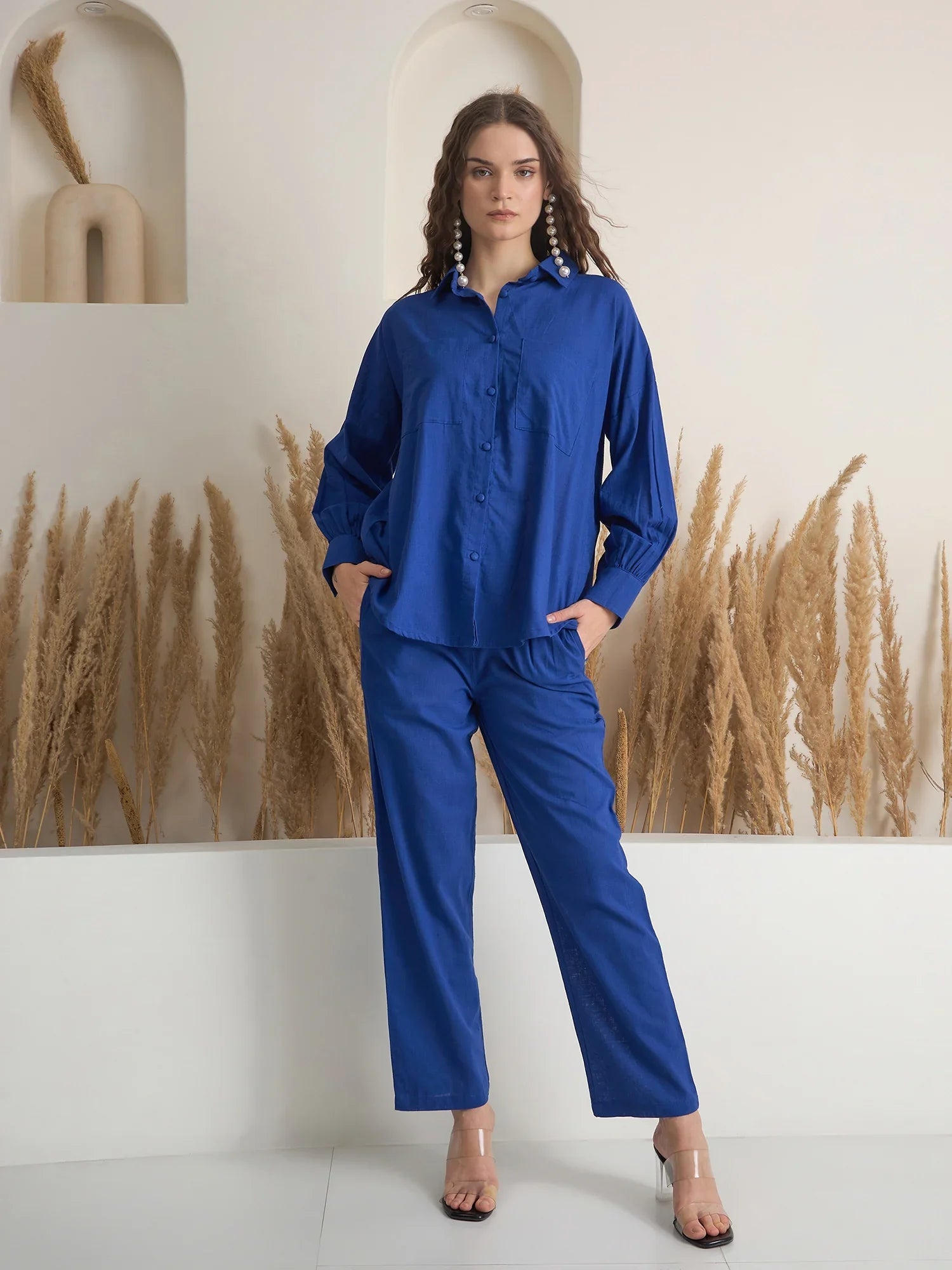 Blue Shirt Collar Pure Cotton Shirt Solid Co-ords Set for Women - SanskrutiHomes 