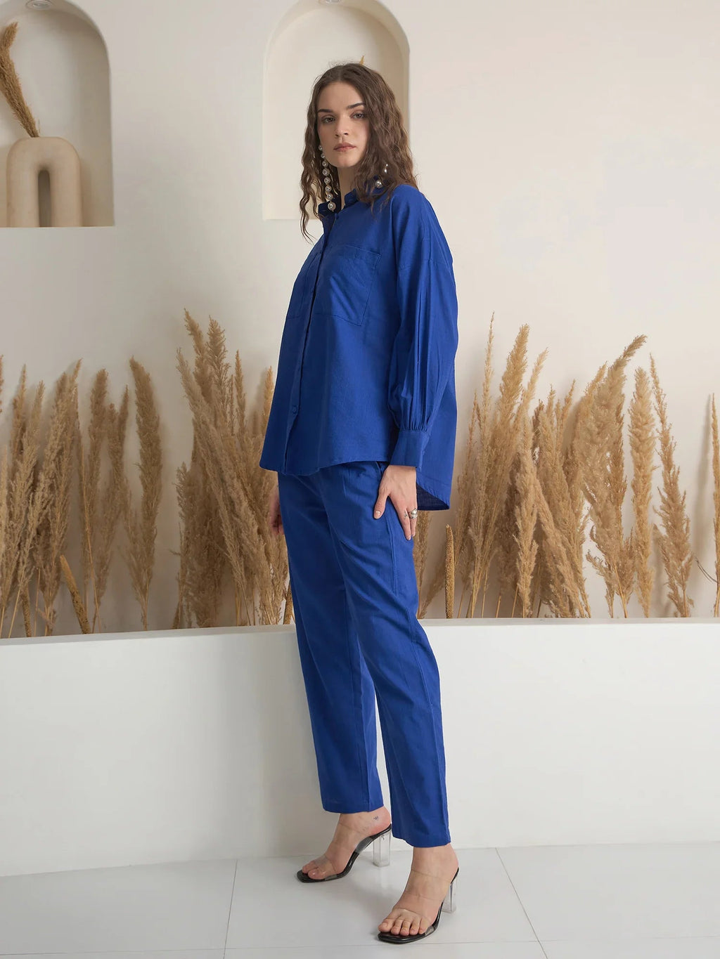 Blue Shirt Collar Pure Cotton Shirt Solid Co-ords Set for Women - SanskrutiHomes 