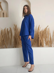 Blue Shirt Collar Pure Cotton Shirt Solid Co-ords Set for Women - SanskrutiHomes 