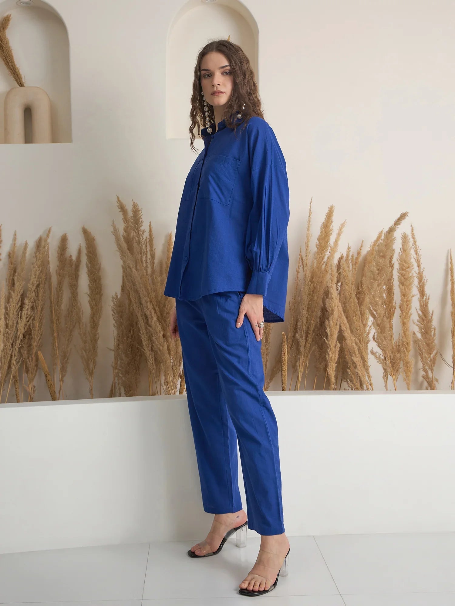 Blue Shirt Collar Pure Cotton Shirt Solid Co-ords Set for Women - SanskrutiHomes 