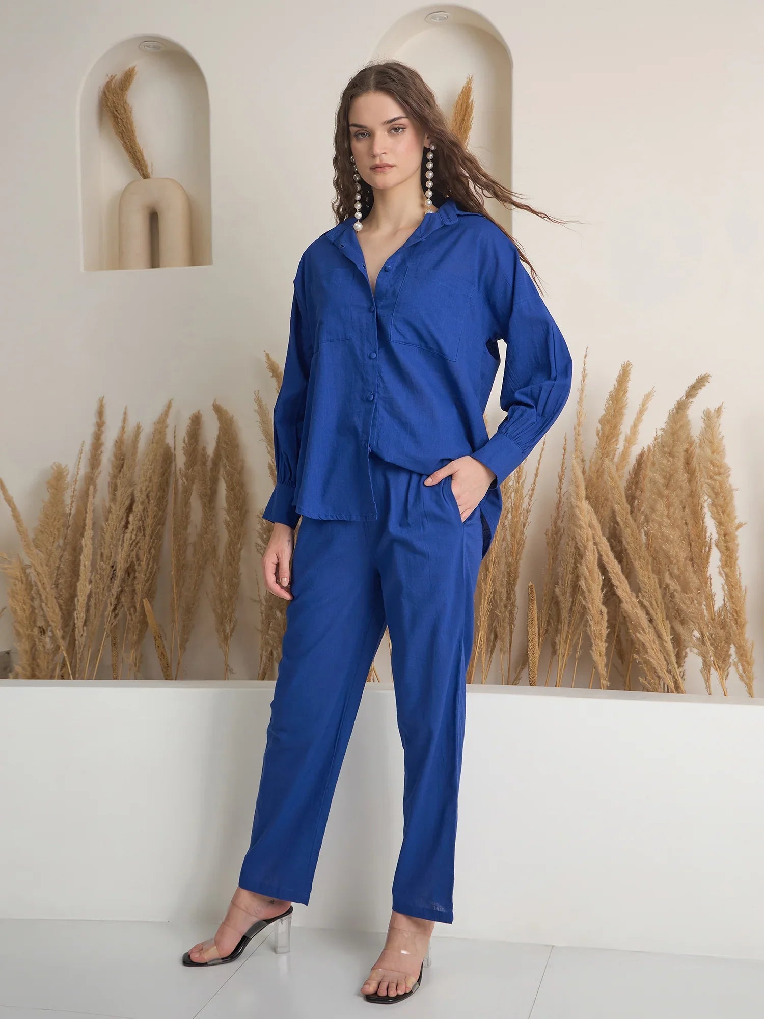 Blue Shirt Collar Pure Cotton Shirt Solid Co-ords Set for Women - SanskrutiHomes 