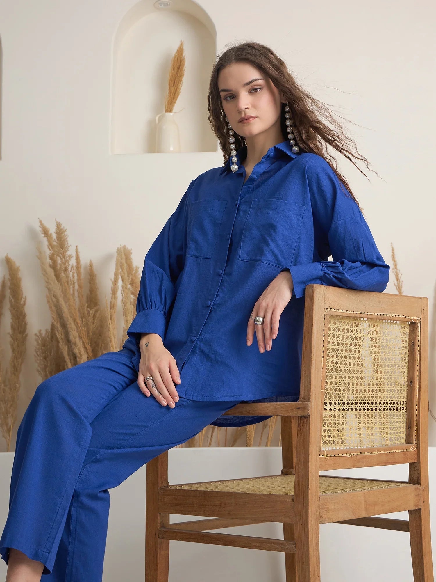 Blue Shirt Collar Pure Cotton Shirt Solid Co-ords Set for Women - SanskrutiHomes 