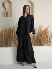 Black Solid Shirt Collar Co-Ord Set for Women - SanskrutiHomes 