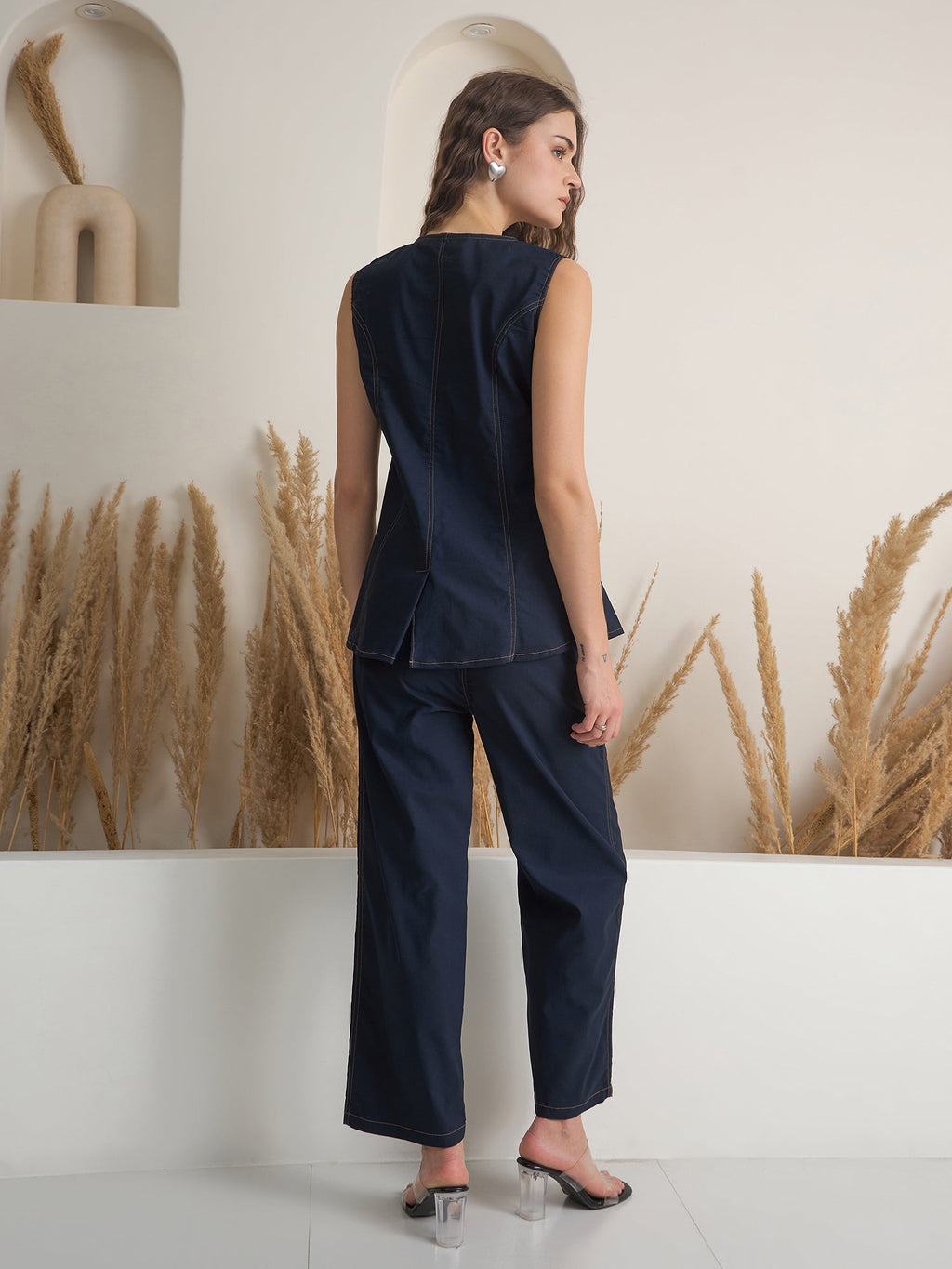 Navy Blue Denim Shirt Collar Pure Cotton Top Dyed Co-ords Set for Women - SanskrutiHomes 