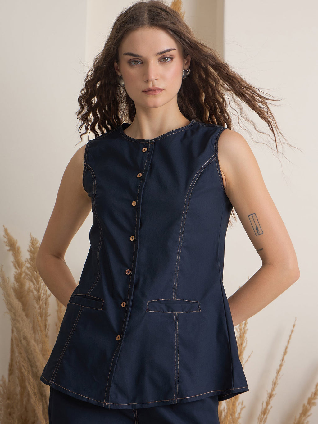 Navy Blue Denim Shirt Collar Pure Cotton Top Dyed Co-ords Set for Women - SanskrutiHomes 