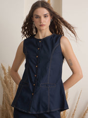 Navy Blue Denim Shirt Collar Pure Cotton Top Dyed Co-ords Set for Women - SanskrutiHomes 