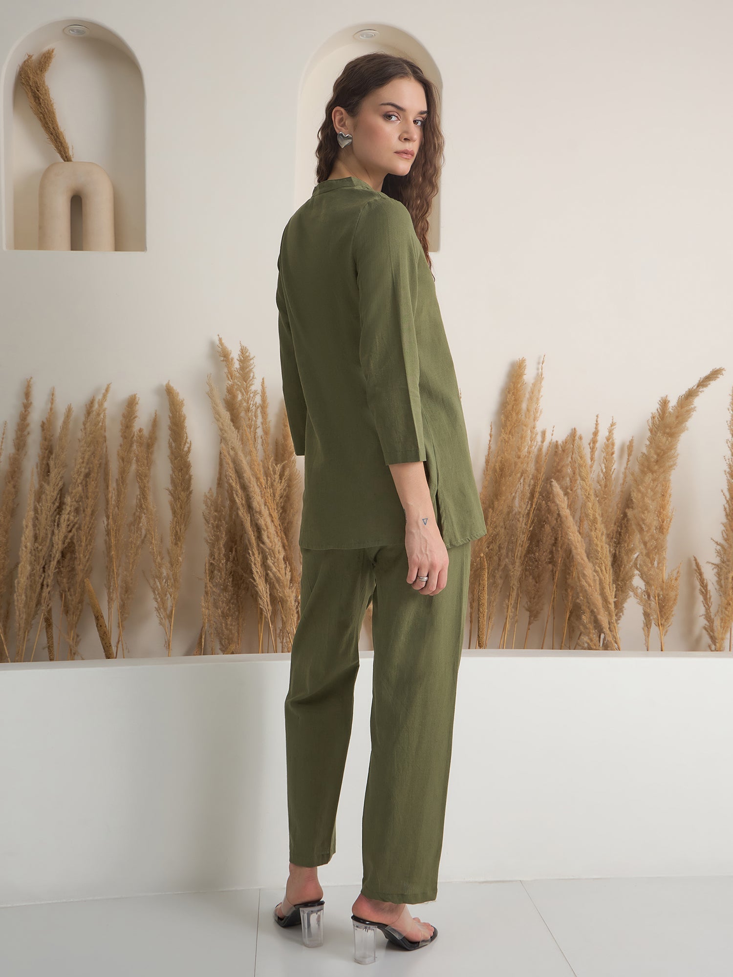Olive V Neck Pure Cotton Solid Night Suit for Women - SanskrutiHomes 