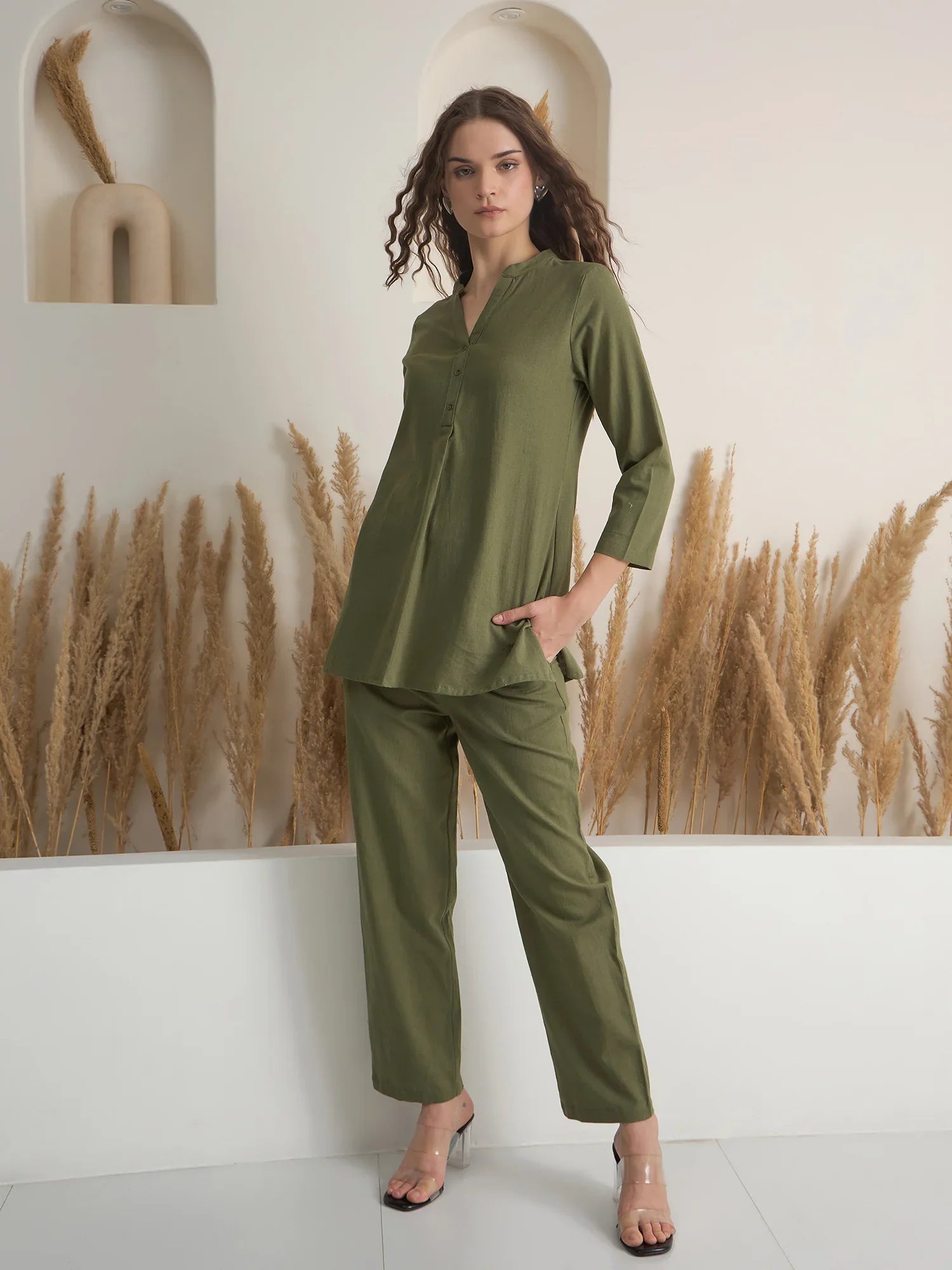 Olive V Neck Pure Cotton Solid Night Suit for Women - SanskrutiHomes 