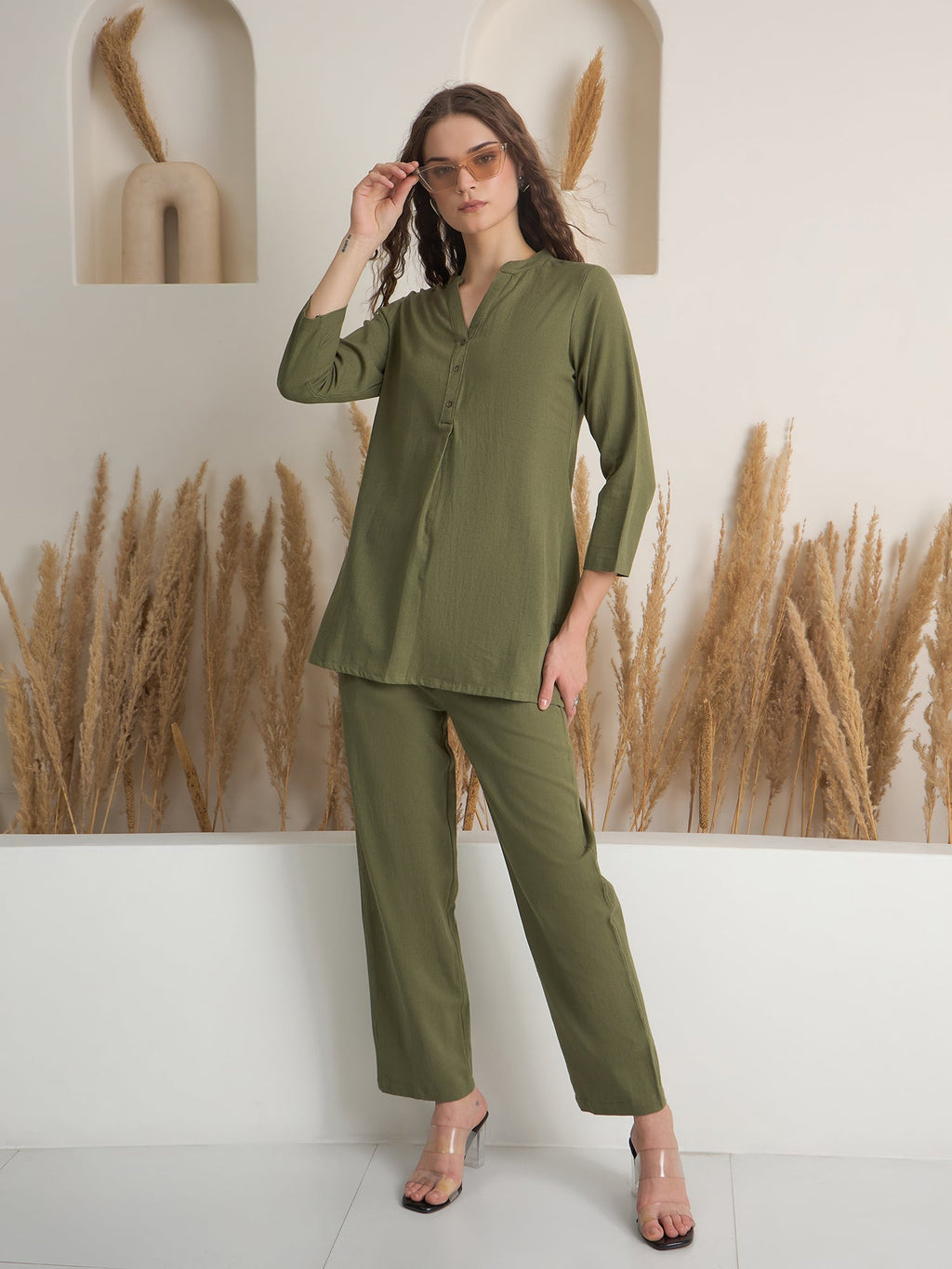 Olive V Neck Pure Cotton Solid Night Suit for Women - SanskrutiHomes 