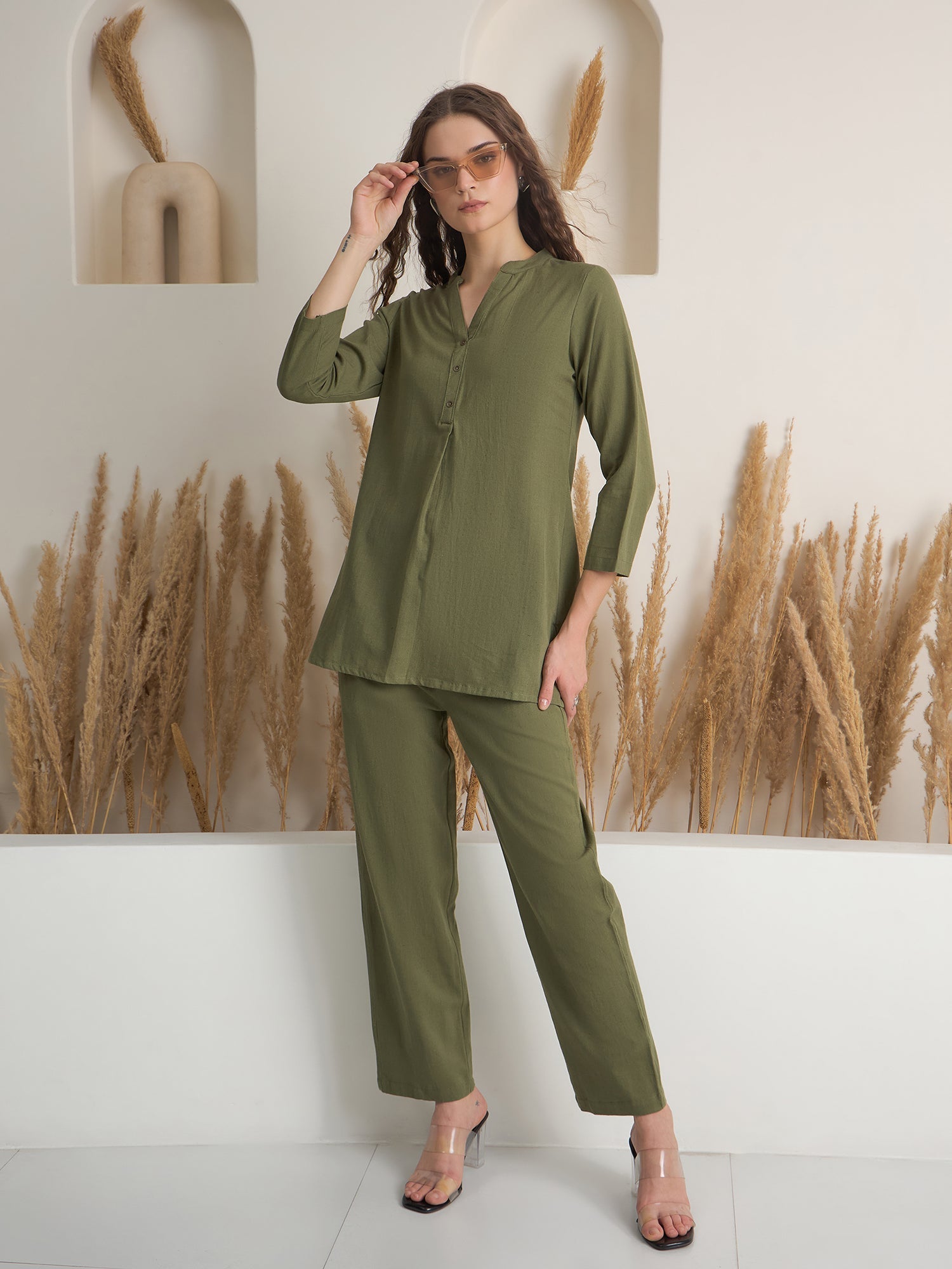 Olive V Neck Pure Cotton Solid Night Suit for Women - SanskrutiHomes 