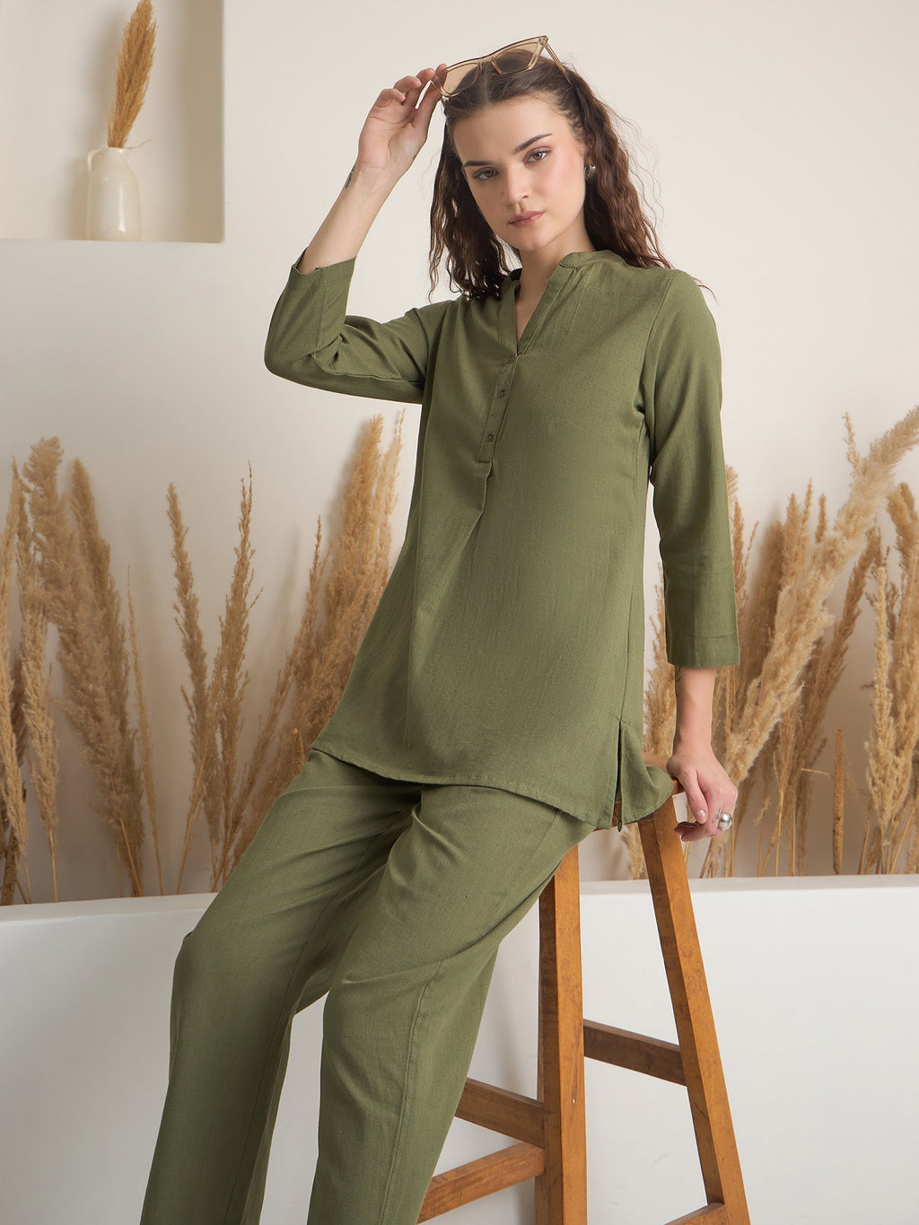 Olive V Neck Pure Cotton Solid Night Suit for Women - SanskrutiHomes 