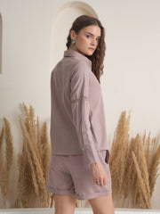 Mauve Color Shirt Collar Pure Cotton Dyed Co-ords Set for Women - SanskrutiHomes 