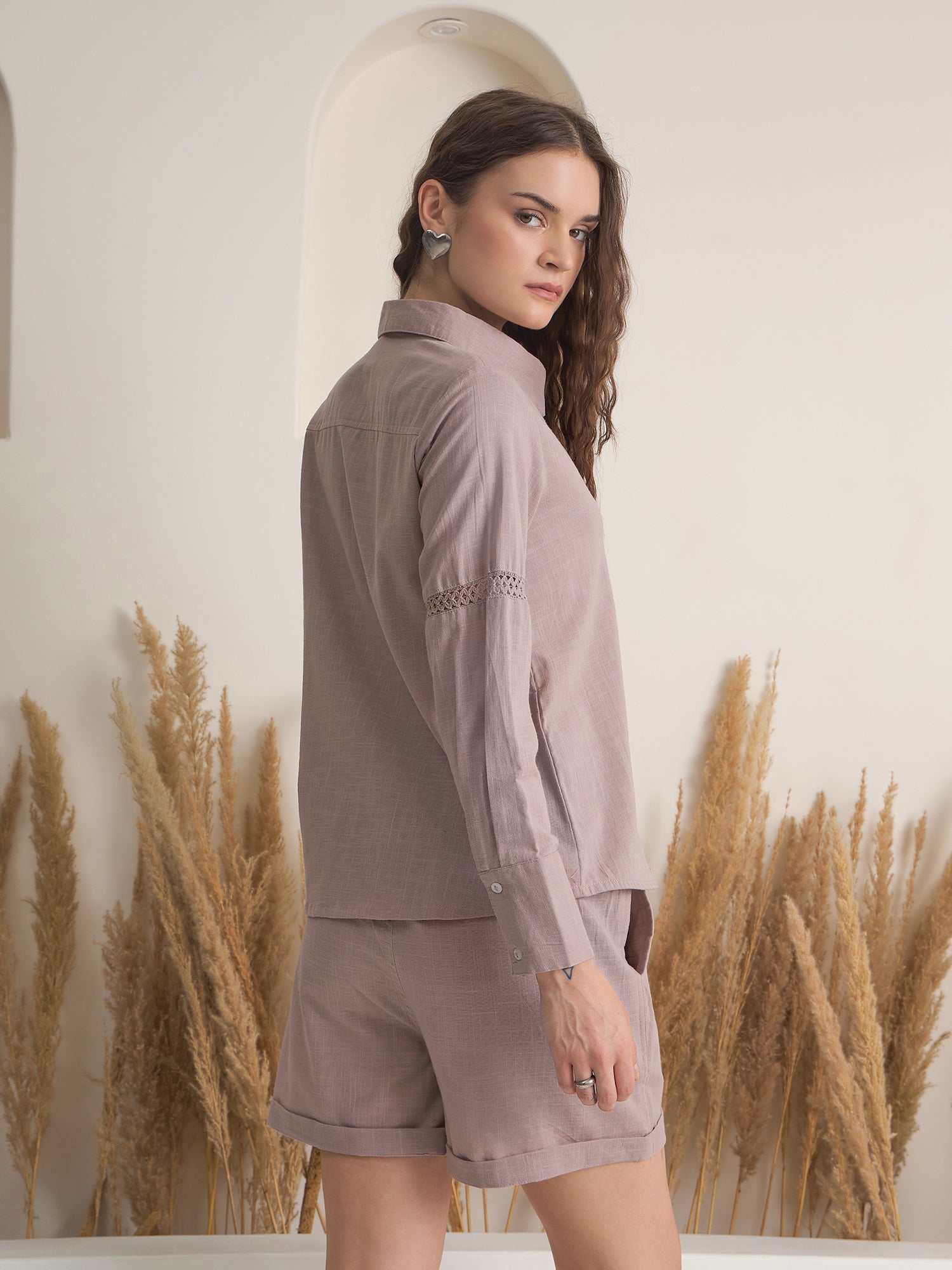 Mauve Color Shirt Collar Pure Cotton Dyed Co-ords Set for Women - SanskrutiHomes 