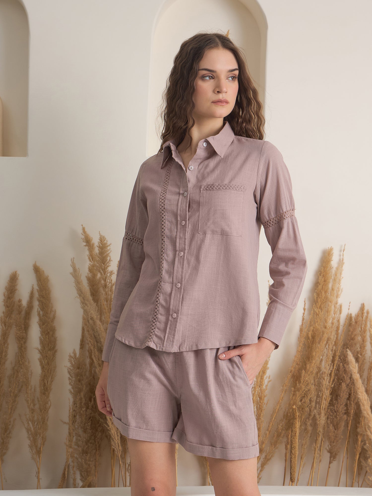 Mauve Color Shirt Collar Pure Cotton Dyed Co-ords Set for Women - SanskrutiHomes 