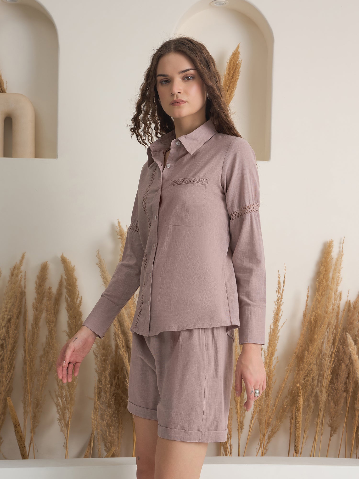 Mauve Color Shirt Collar Pure Cotton Dyed Co-ords Set for Women - SanskrutiHomes 