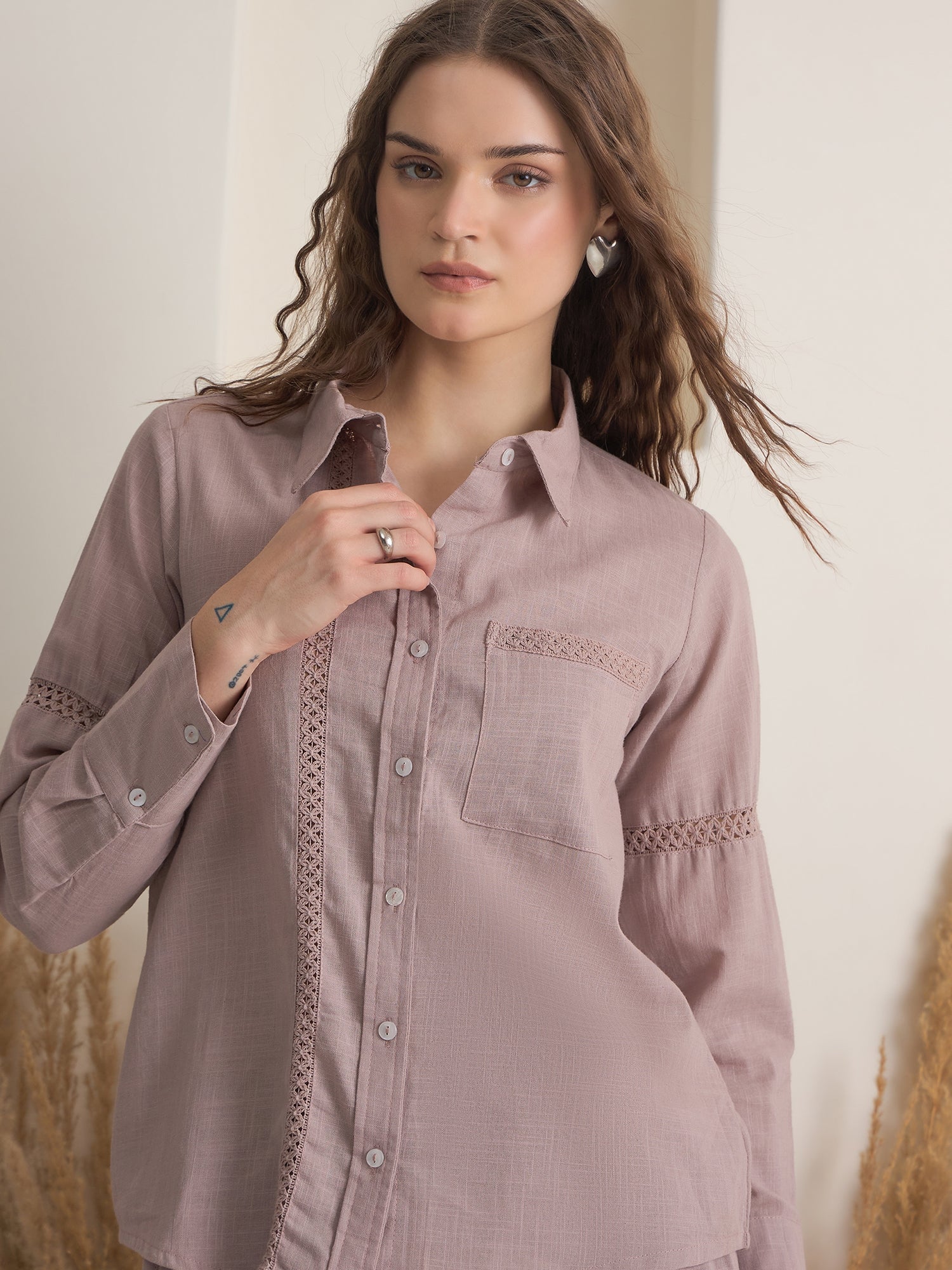 Mauve Color Shirt Collar Pure Cotton Dyed Co-ords Set for Women - SanskrutiHomes 