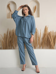 Blue Shirt Collar Pure Cotton Solid Night Suit For Women