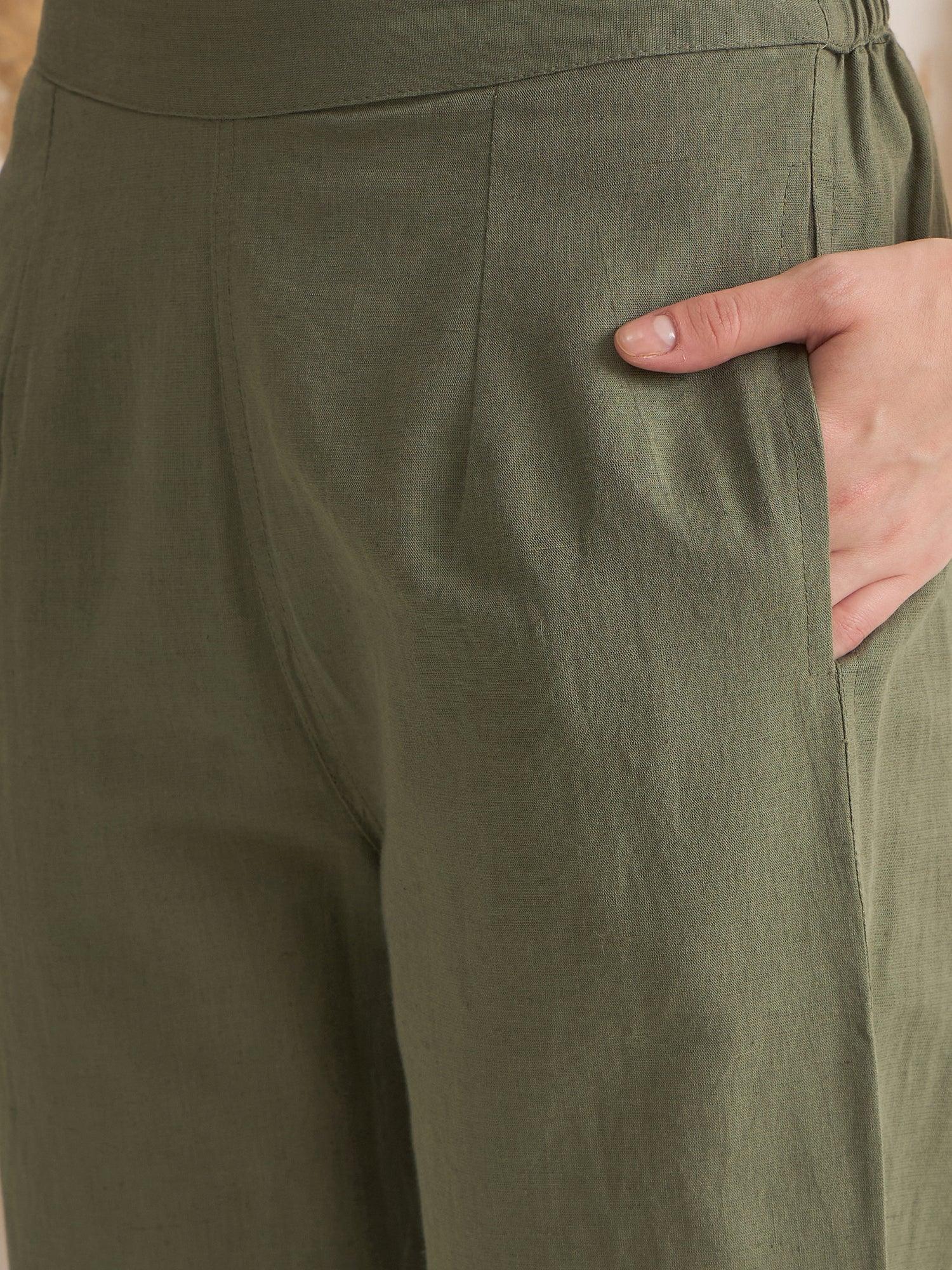 Olive Shirt Collar Viscose Rayon Co-ords Set for Women - SanskrutiHomes 