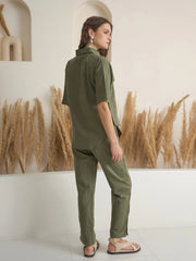 Olive Shirt Collar Viscose Rayon Co-ords Set for Women - SanskrutiHomes 