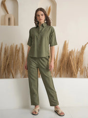 Olive Shirt Collar Viscose Rayon Co-ords Set for Women - SanskrutiHomes 