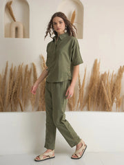 Olive Shirt Collar Viscose Rayon Co-ords Set for Women - SanskrutiHomes 