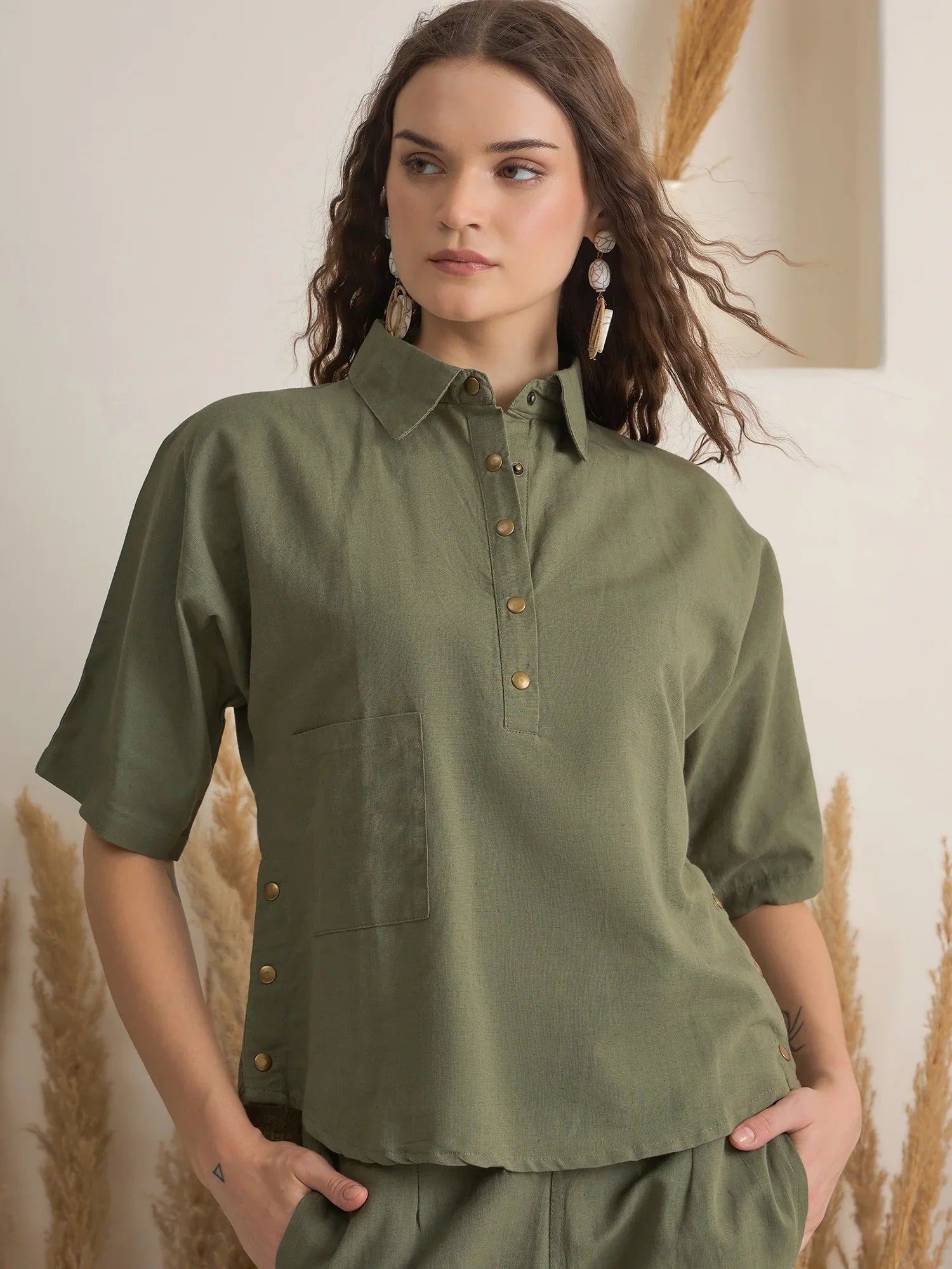 Olive Shirt Collar Viscose Rayon Co-ords Set for Women - SanskrutiHomes 