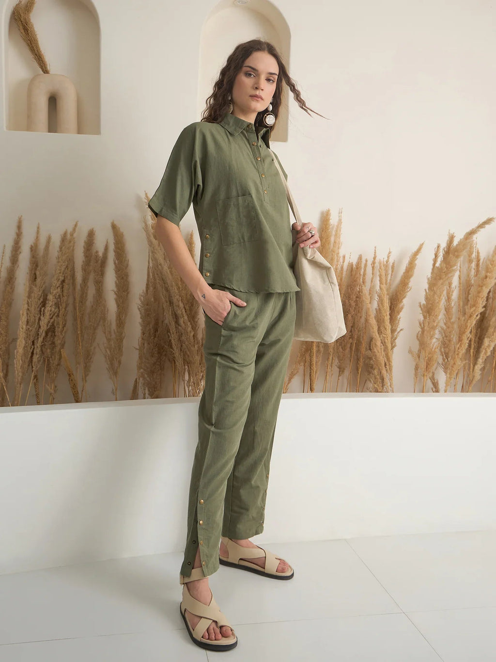 Olive Shirt Collar Viscose Rayon Co-ords Set for Women - SanskrutiHomes 