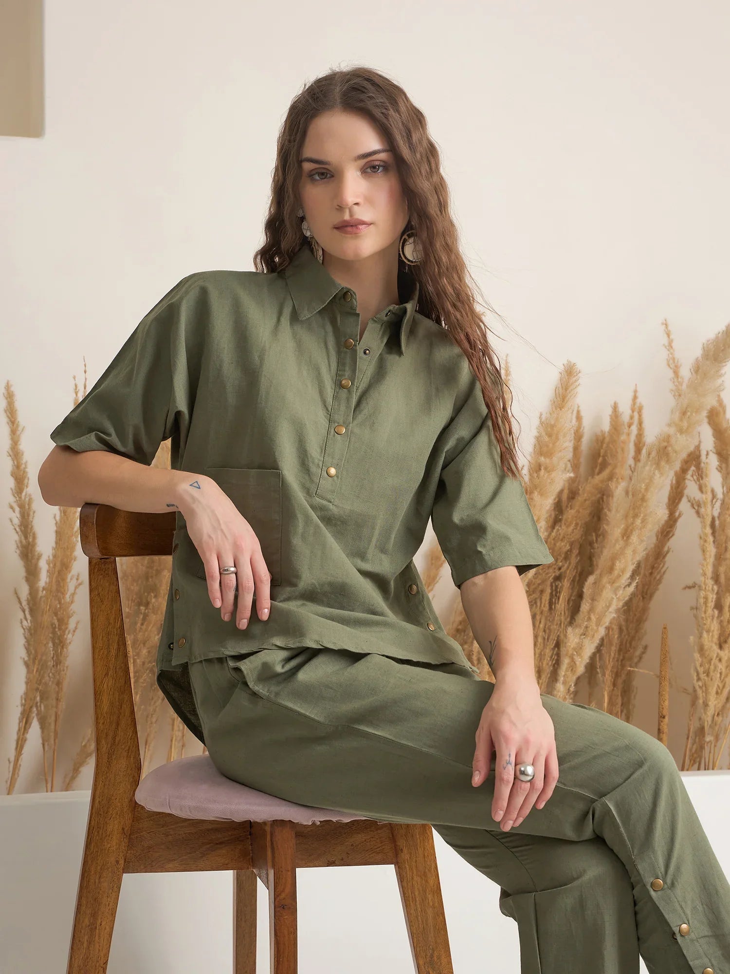 Olive Shirt Collar Viscose Rayon Co-ords Set for Women - SanskrutiHomes 