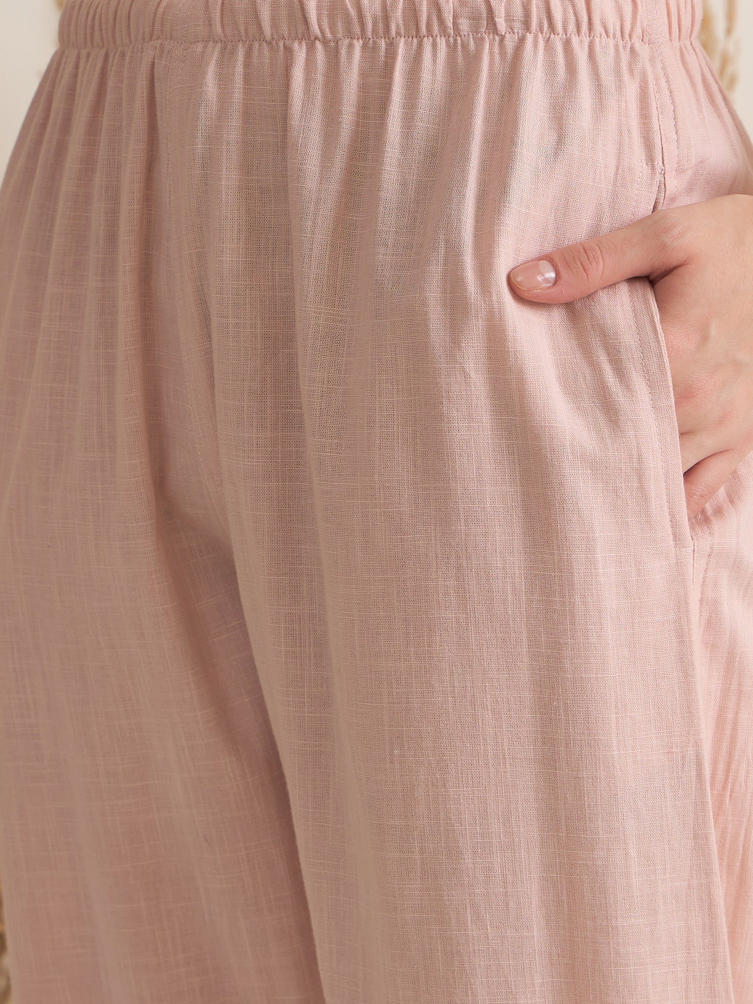 Peach Round Neck Pure Cotton Solid Night Suit for Women - SanskrutiHomes 