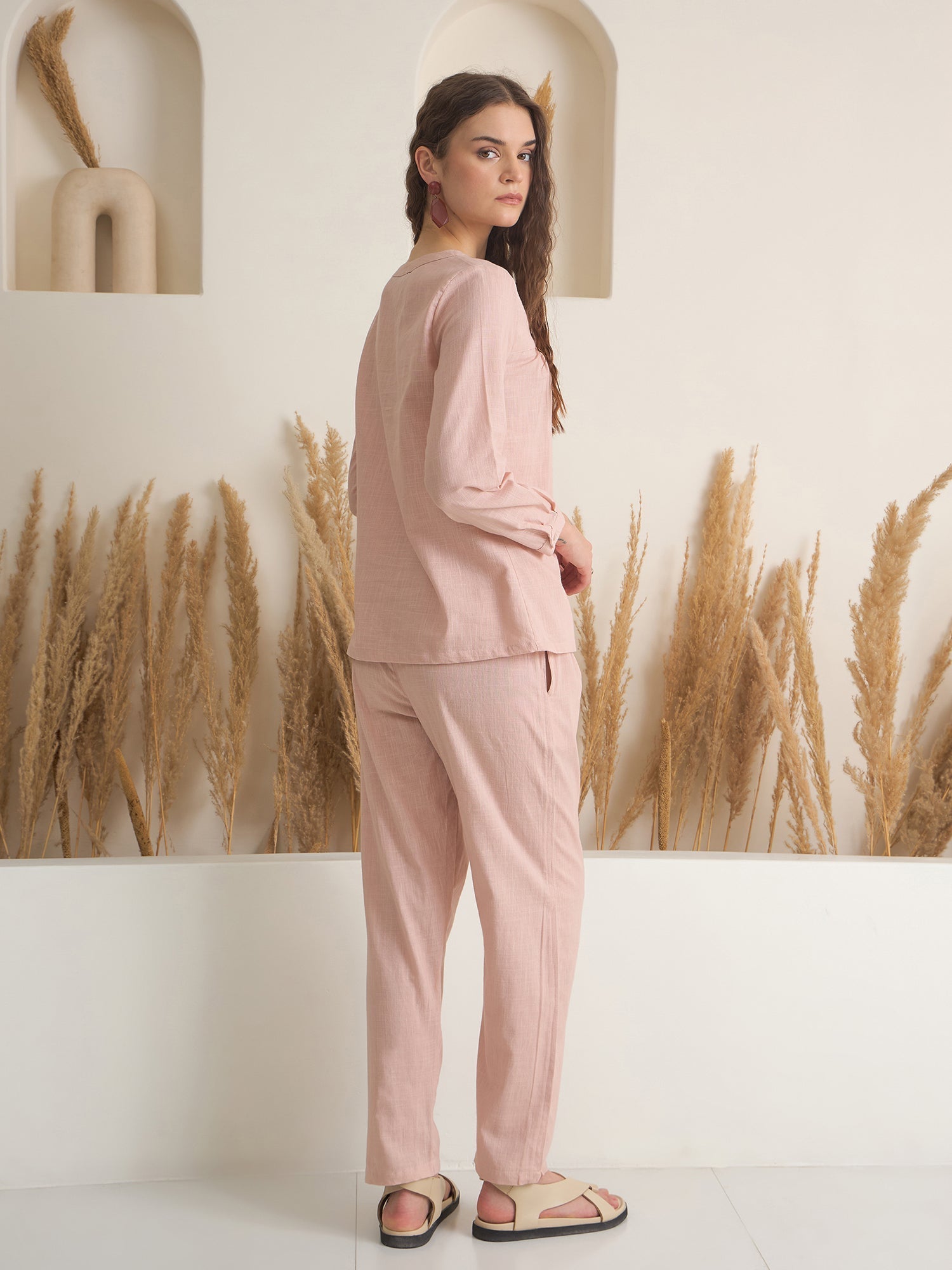 Peach Round Neck Pure Cotton Solid Night Suit for Women - SanskrutiHomes 