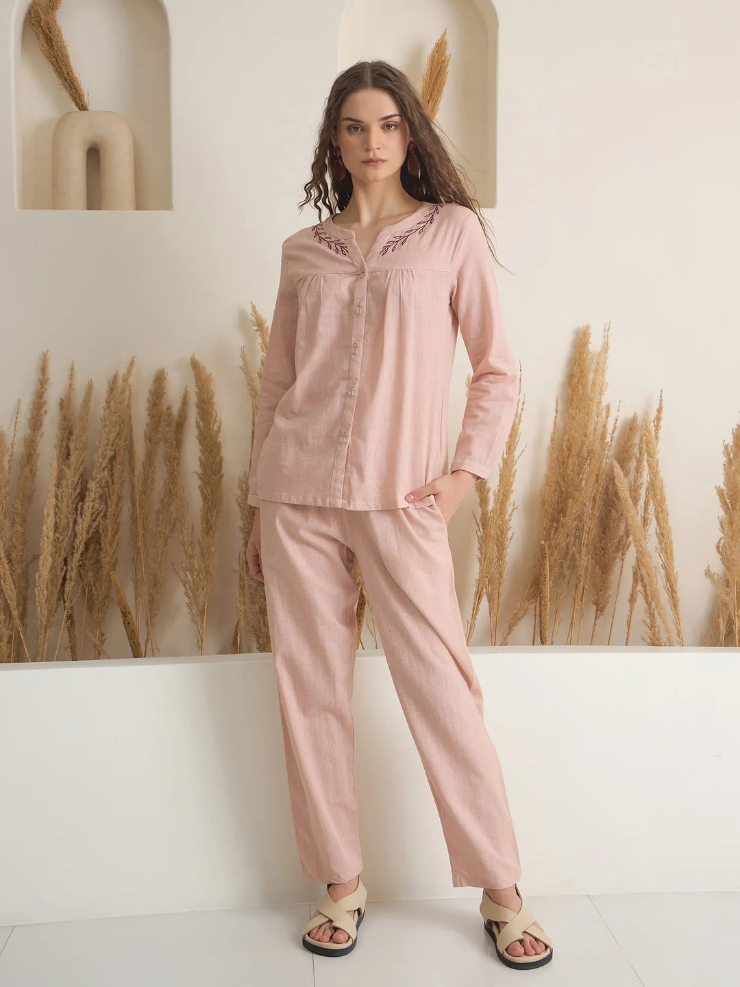 Peach Round Neck Pure Cotton Solid Night Suit for Women - SanskrutiHomes 