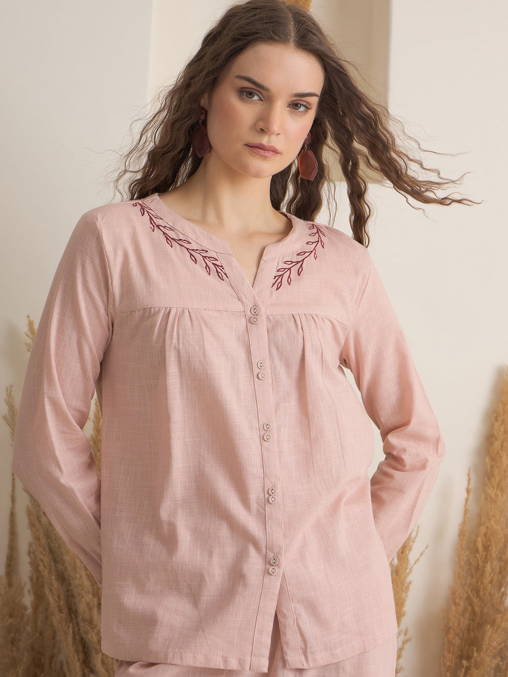 Peach Round Neck Pure Cotton Solid Night Suit for Women - SanskrutiHomes 