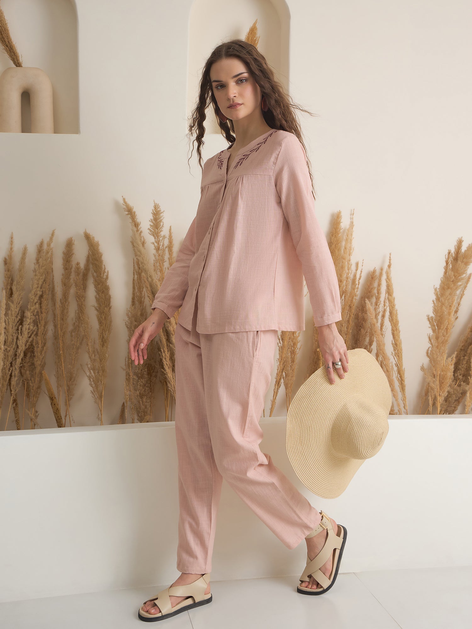 Peach Round Neck Pure Cotton Solid Night Suit for Women - SanskrutiHomes 