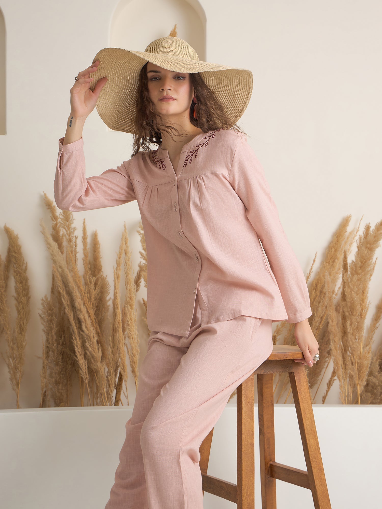 Peach Round Neck Pure Cotton Solid Night Suit for Women - SanskrutiHomes 