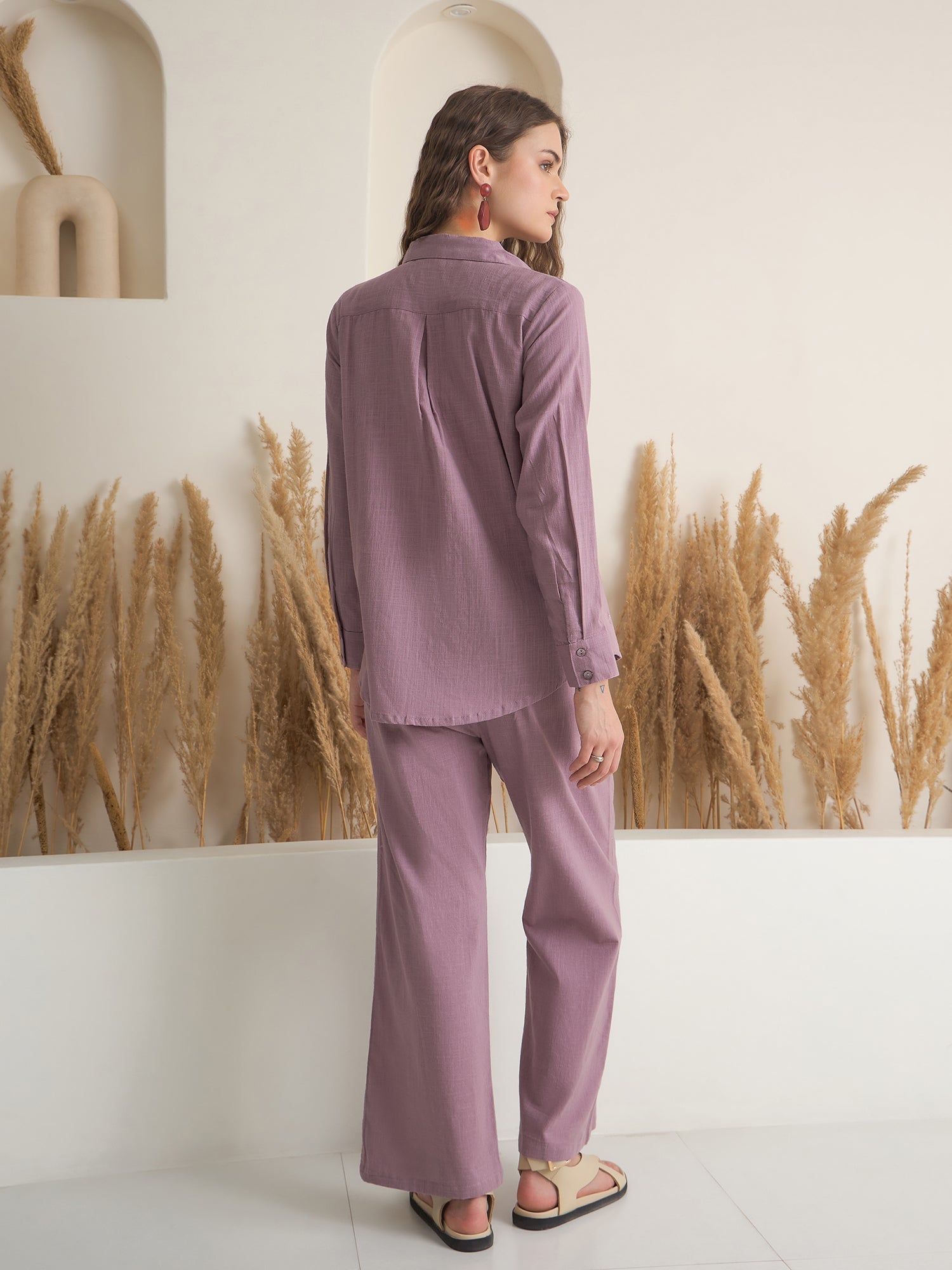 Purple Shirt Collar Pure Cotton Top Solid Co-ords Set for Women - SanskrutiHomes 