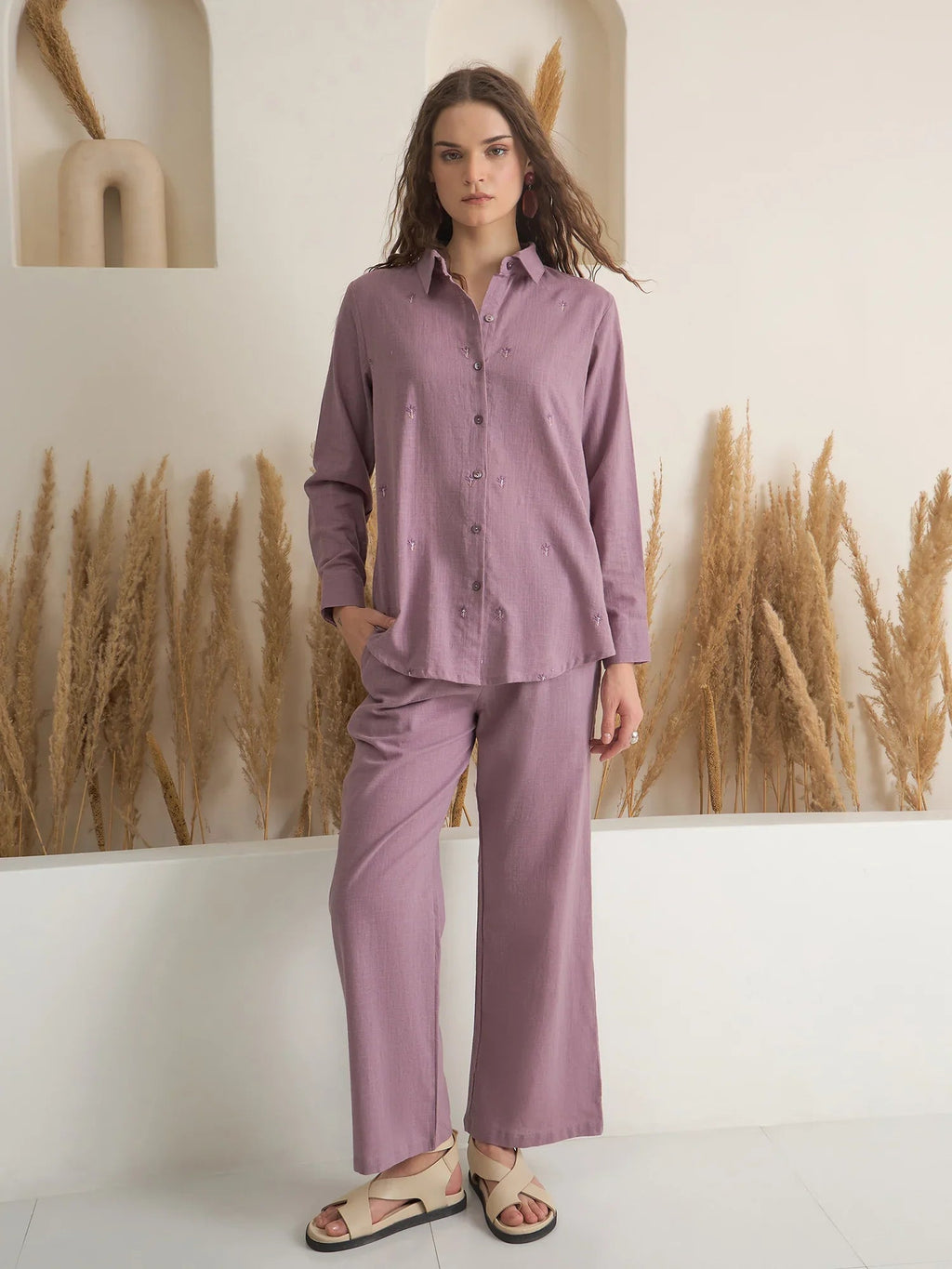 Purple Shirt Collar Pure Cotton Top Solid Co-ords Set for Women - SanskrutiHomes 