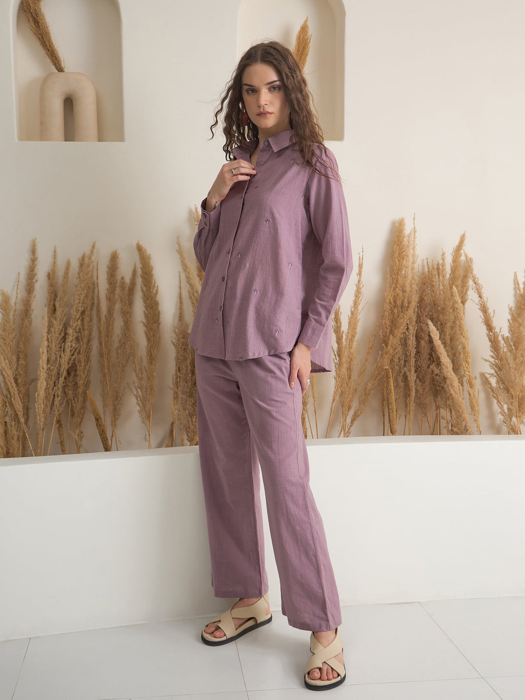 Purple Shirt Collar Pure Cotton Top Solid Co-ords Set for Women - SanskrutiHomes 