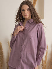 Purple Shirt Collar Pure Cotton Top Solid Co-ords Set for Women - SanskrutiHomes 