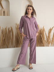Purple Shirt Collar Pure Cotton Top Solid Co-ords Set for Women - SanskrutiHomes 