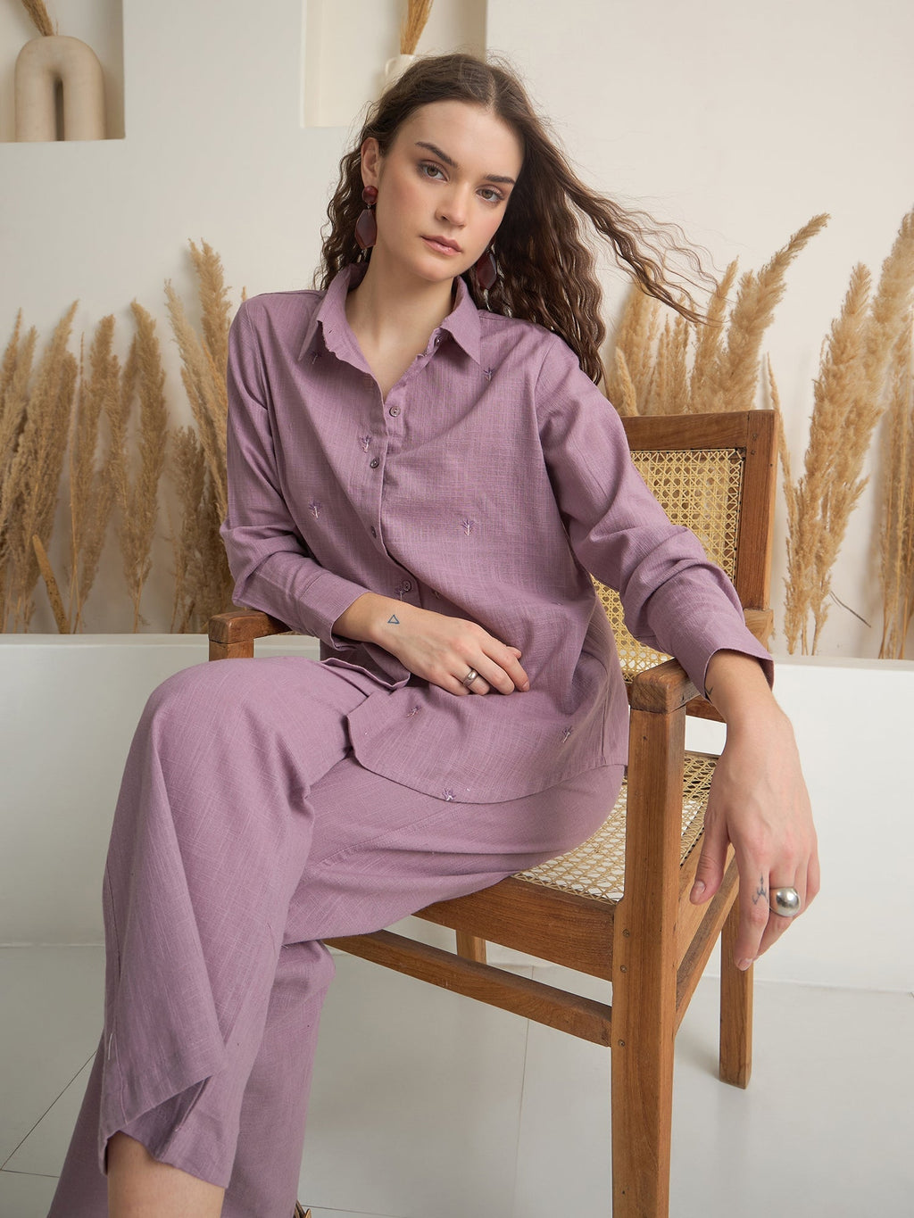 Purple Shirt Collar Pure Cotton Top Solid Co-ords Set for Women - SanskrutiHomes 