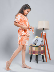 Set of 3 Floral Printed Orange Kids Night Suit Set - SanskrutiHomes 