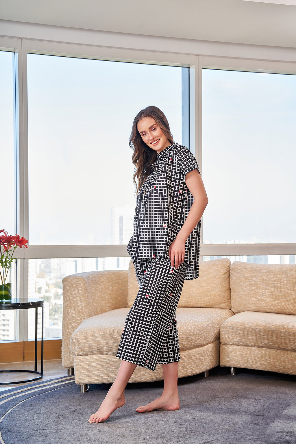 Black Check  Loose Top Printed Lounge Set