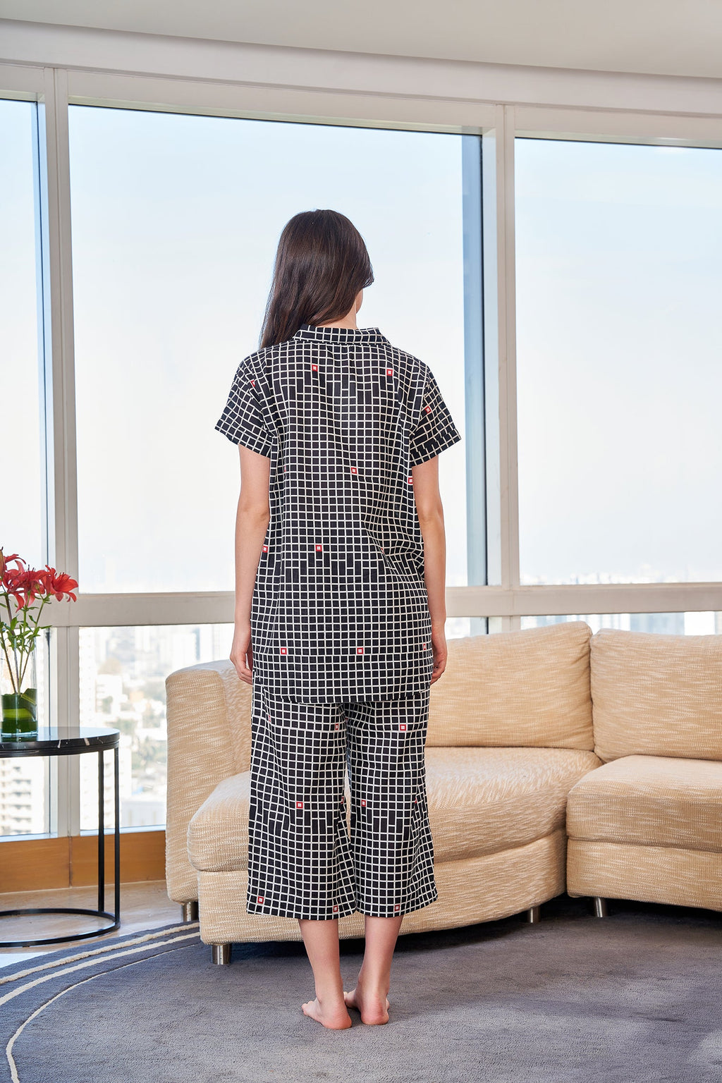 Black Check  Loose Top Printed Lounge Set