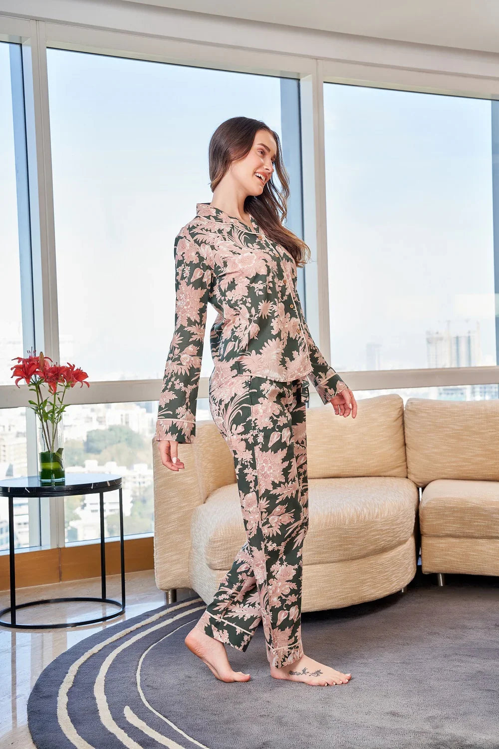 Green Printed Full sleeves Cotton Night suit - SanskrutiHomes 