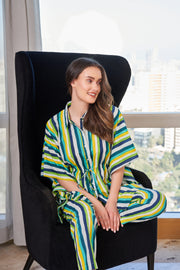 Green & White Striped Shirt Collar Pure Cotton Kaftan & Pyjama Night Suit For Women